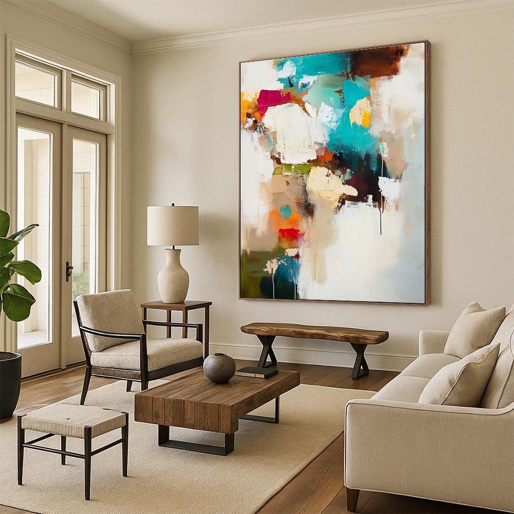 Large abstract painting in soft white and beige tones accented with teal brown and warm colors creating a moody dreamy atmosphere.STSC812