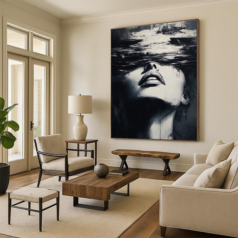 A large abstract painting of a woman's face emerging from water in dynamic black and white brushstrokes inspired by Yoji Shinkawa and Dominik Mayer.STSC1385