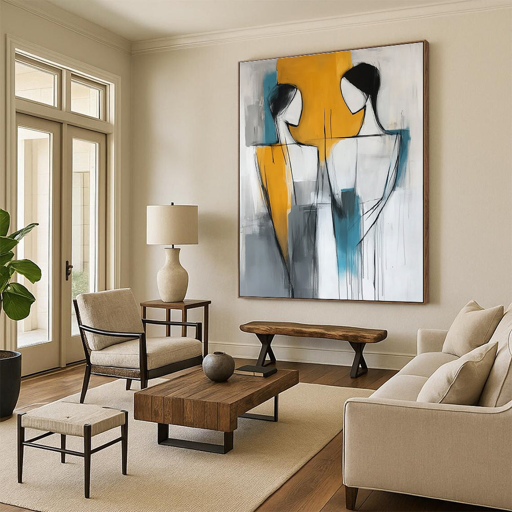 Abstract modern painting featuring two figures in yellow gray and blue colors showcasing contemporary art style.STSC135