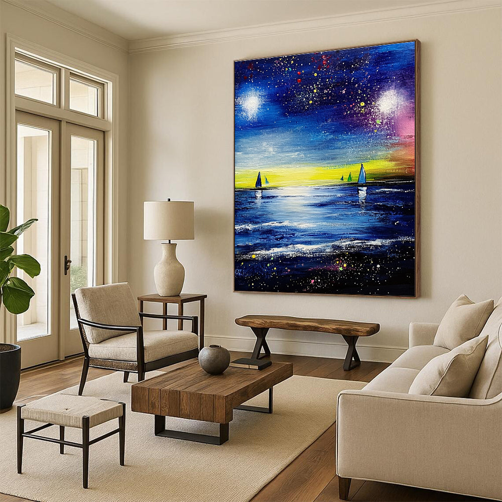 Large abstract painting featuring a vibrant blue sea and sky with stars and colorful sailboats in the distance.STSC526