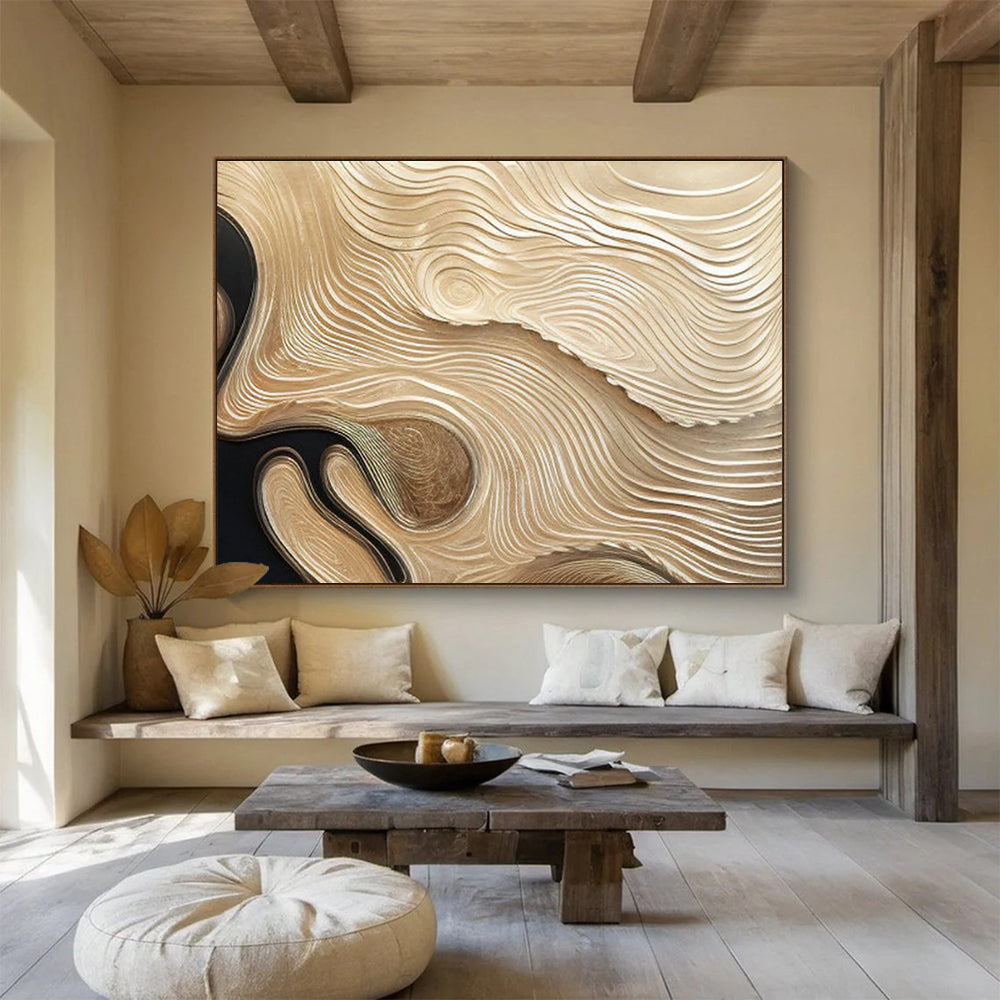 Golden and Black Textured Wave Abstract Painting THY100
