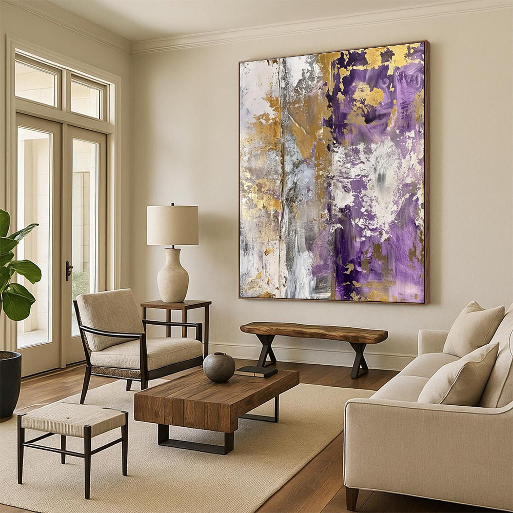 Purple and Gold Textured Abstract Painting with Gray Accents ADGE134