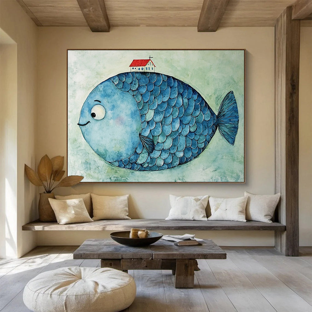 A large abstract blue fish with ripple-like scales and a small red house on its head against a light green textured background.SC478