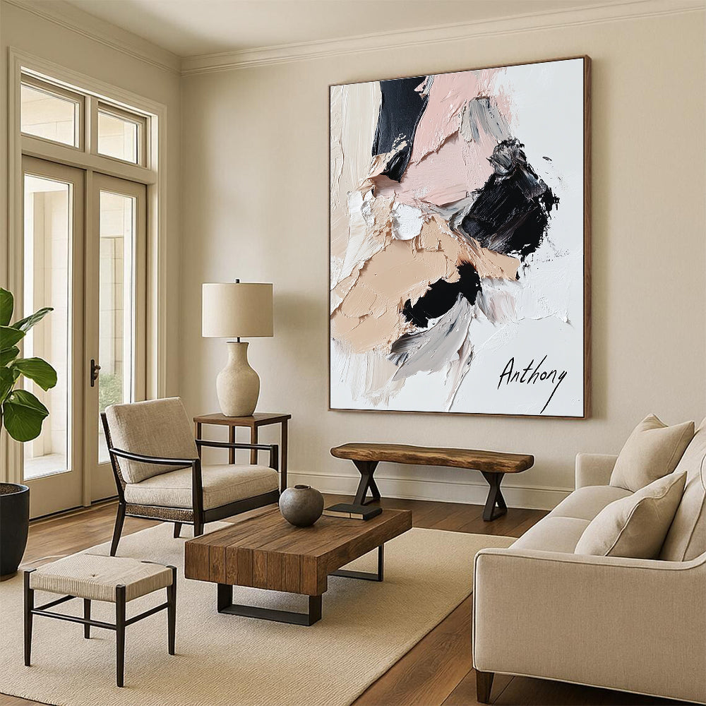 Large abstract painting featuring an anthropomorphic cat in black and beige with pink accents thick impasto style on white background.STSC257