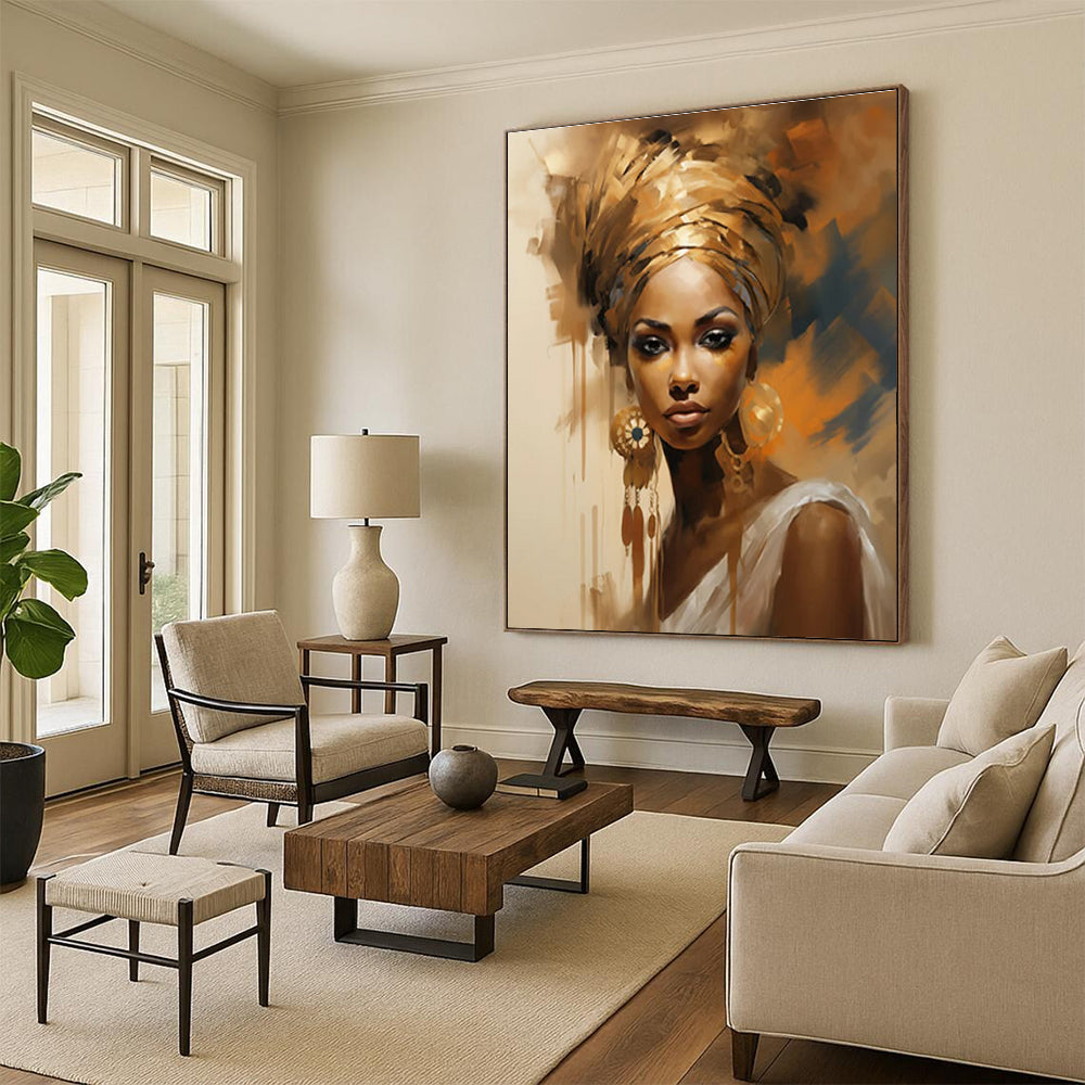 Golden - Hued Portrait with Ornate Details Abstract Painting ADGE125