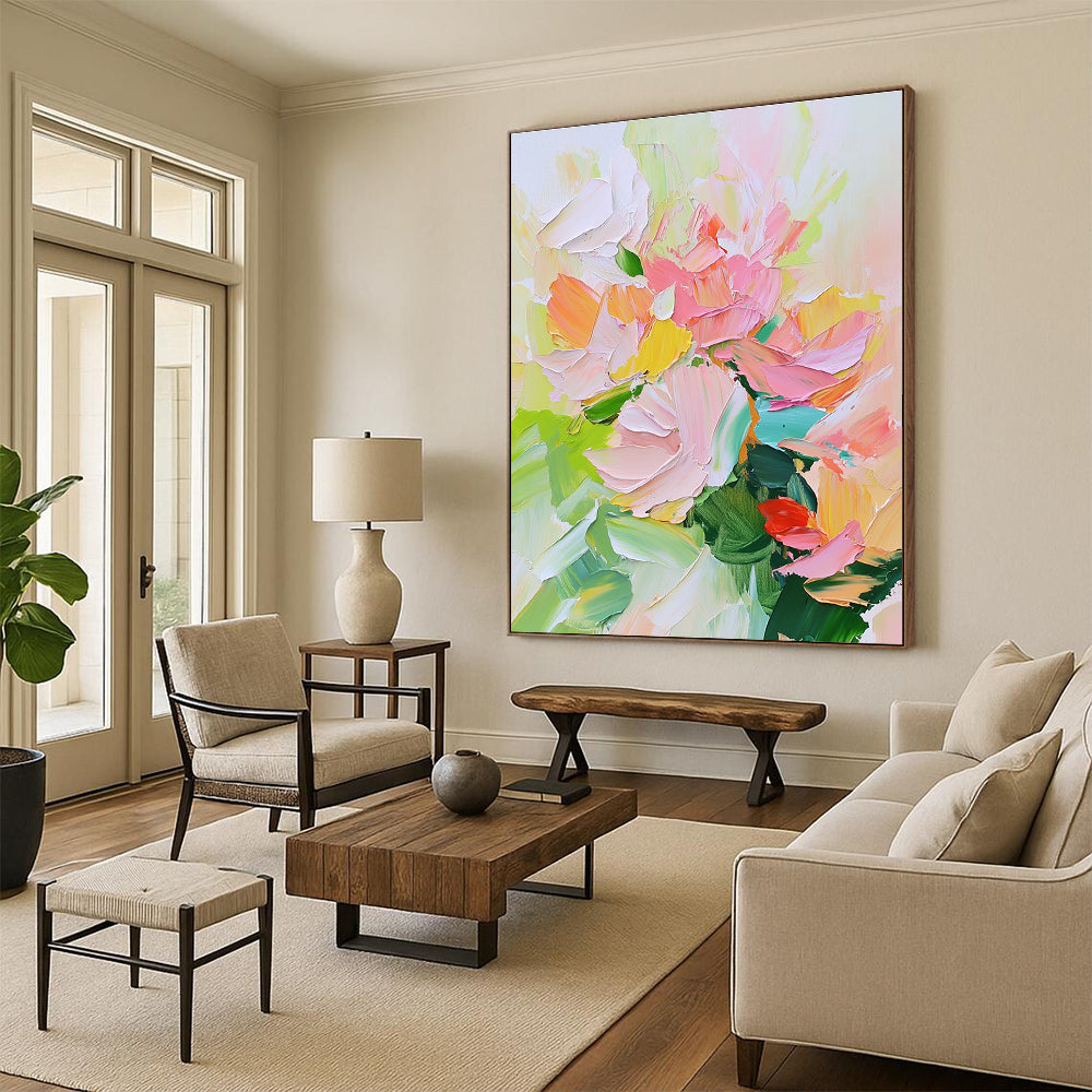 Large abstract painting of spring flowers in soft pastel colors with thick palette knife strokes of pink and green.STSC700