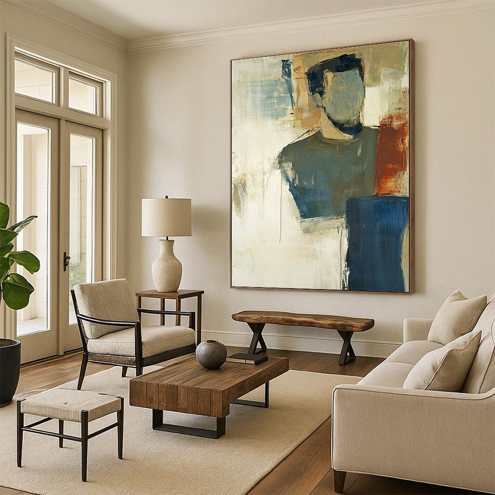 A large abstract painting in earth tones and soft blue with thick impasto strokes and blurred edges showcasing tonalism.STSC624