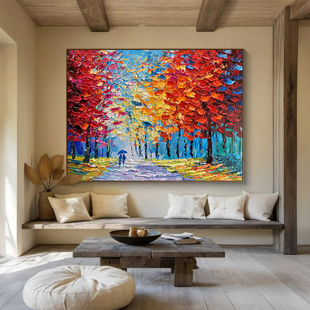 Autumn Path Abstract Painting with Red, Yellow, and Blue Tones THY200