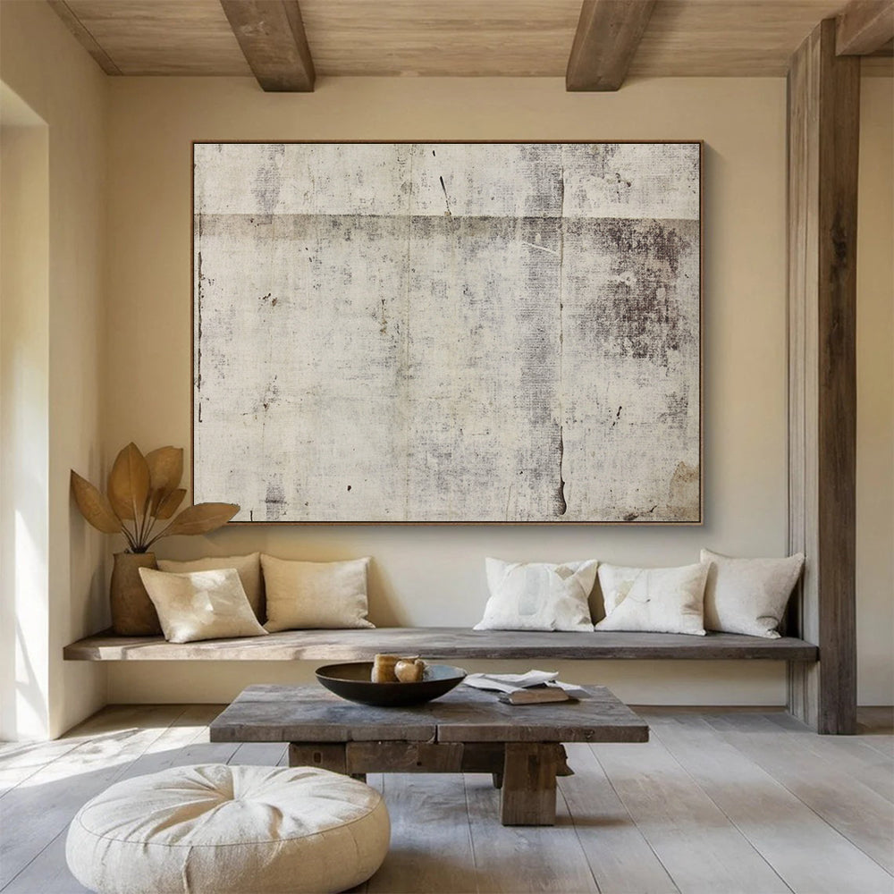 Large abstract artwork featuring vintage paper texture with distressed white gray tones and hints of brown along with watercolor splashes and antique French wallpaper pattern.SC615