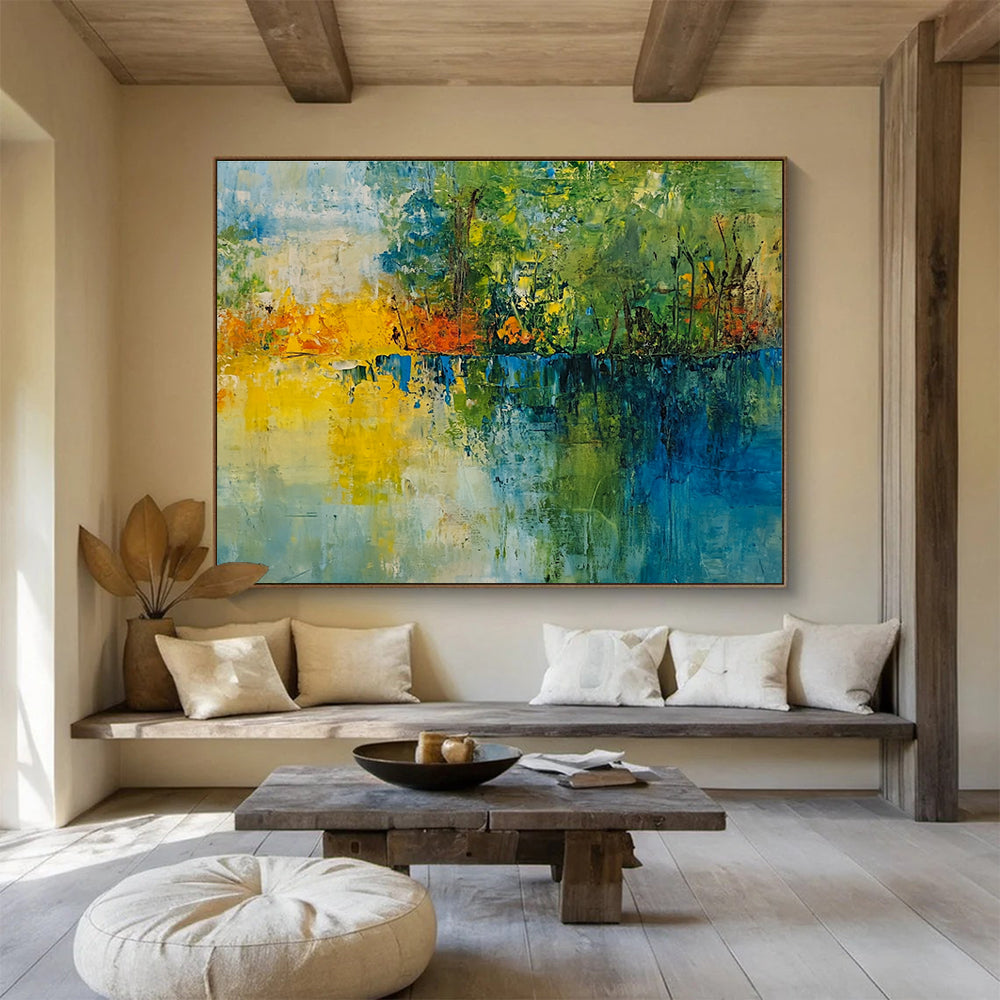 A large abstract painting featuring a vibrant landscape with trees a lake and a colorful sky perfect for home decor.SC519
