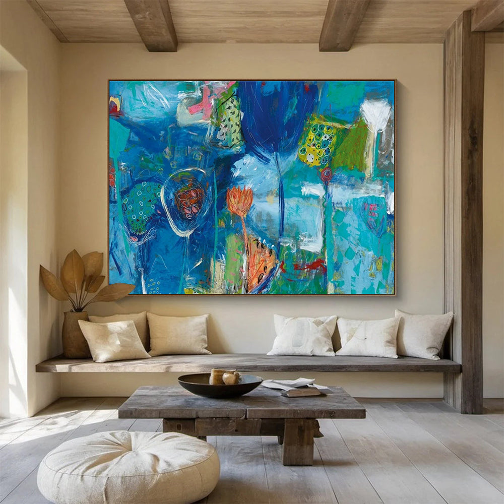 Blue Floral Abstract Fantasy Painting with Surreal Elements THY245