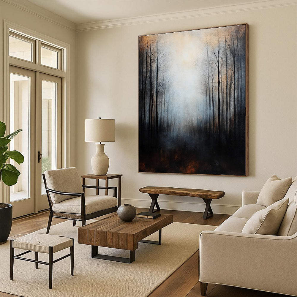 Large abstract painting depicting misty forest trees in dark tones with a surreal ambiance and intricate details for a moody atmospheric effect.STSC061