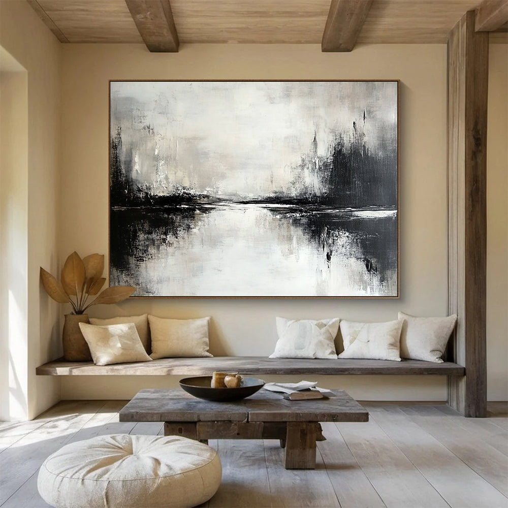 Monochromatic Landscape Abstract Painting with Shades of Gray and Black DYP217