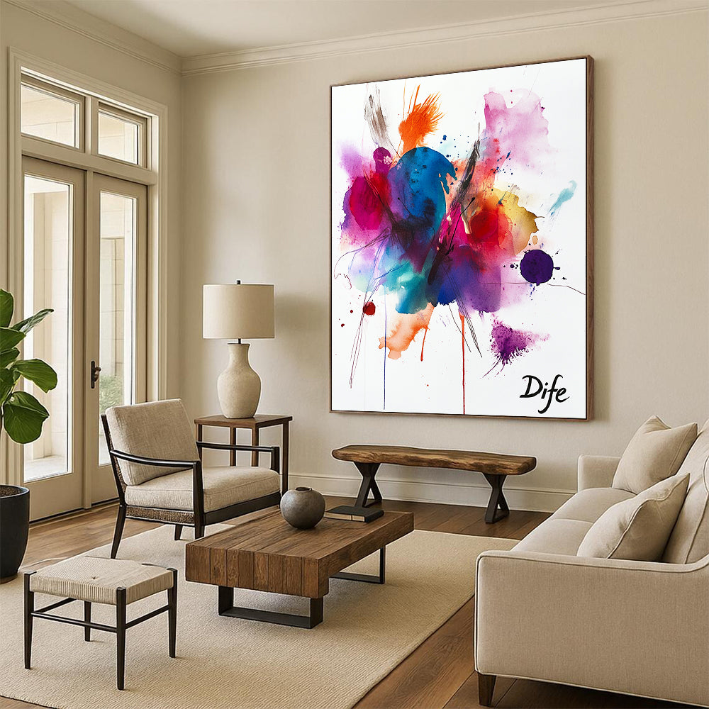 Large abstract watercolor with vibrant colors and expressive strokes featuring joyful organic shapes and textures radiating positivity and creativity.STSC1047