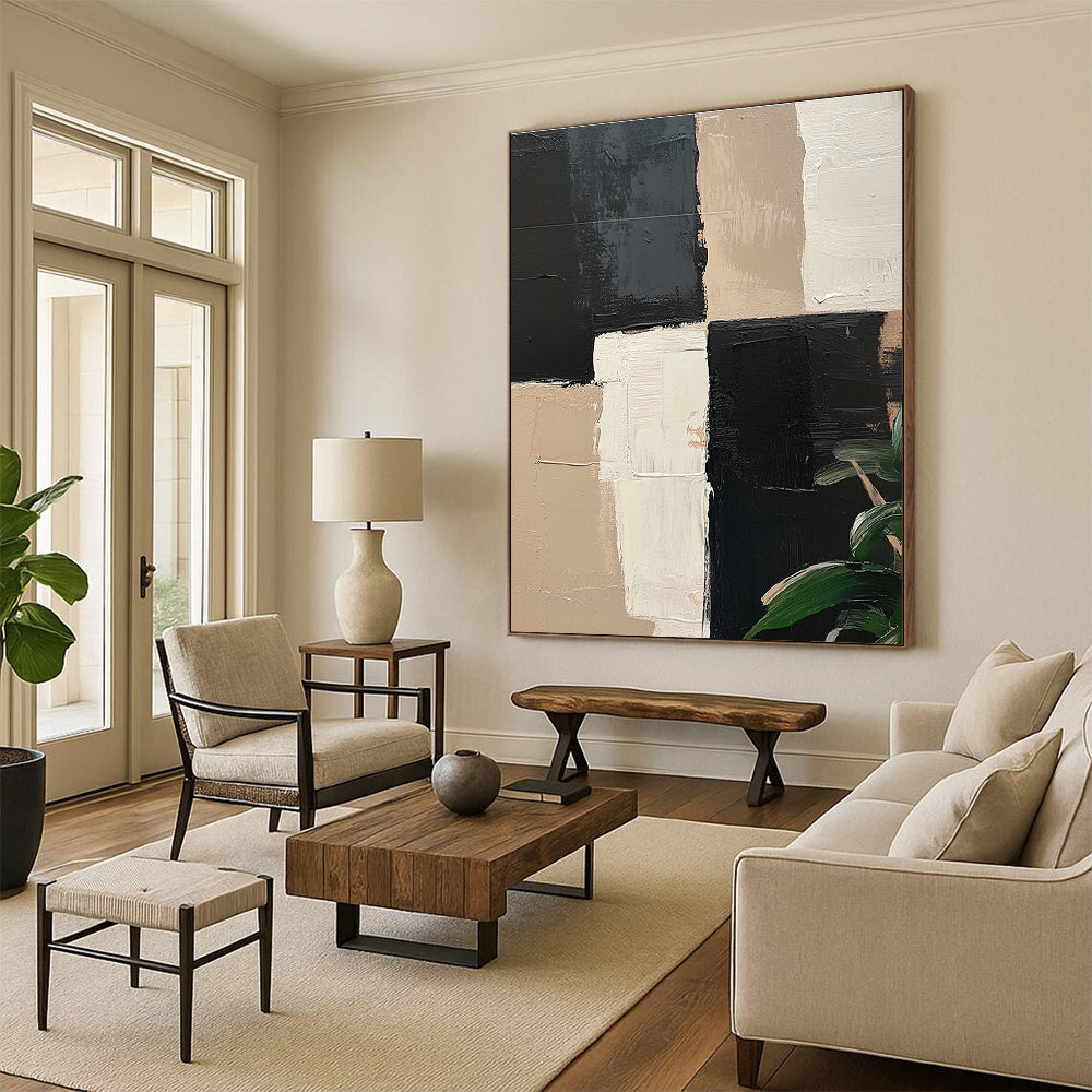 Black Beige and White Abstract Painting with Geometric Blocks GER052