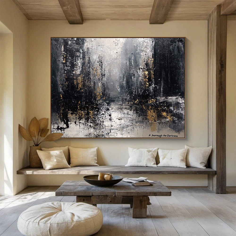 A large abstract painting featuring a grey and black palette with industrial buildings blurred under a gloomy sky and raindrops evoking desolation.SC286