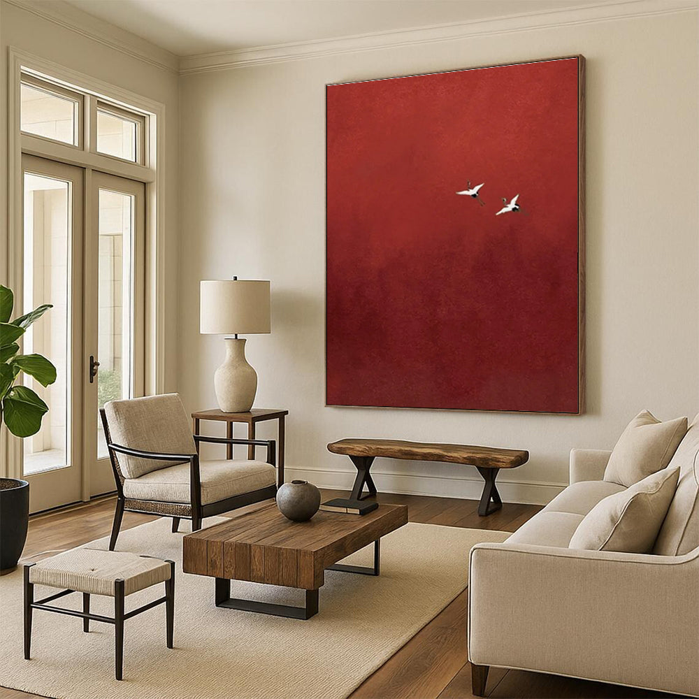 Cranes in Red Sky Abstract Painting with Contrasting Elements ADGE482