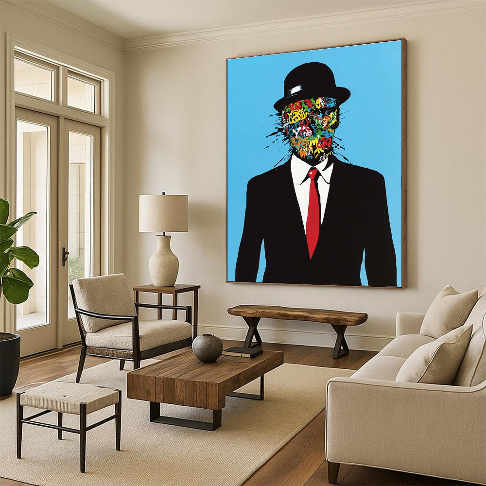 An abstract artwork featuring a man in a black suit and red tie with graffiti on his face against a blue background in a surreal style.STSC1056