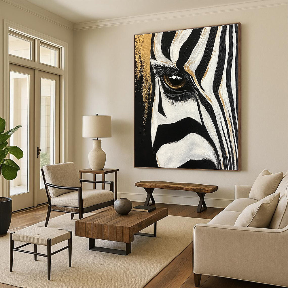 Large abstract painting of a zebra's eye and stripes featuring bold brushstrokes with gold accents against a textured black and white background.STSC956