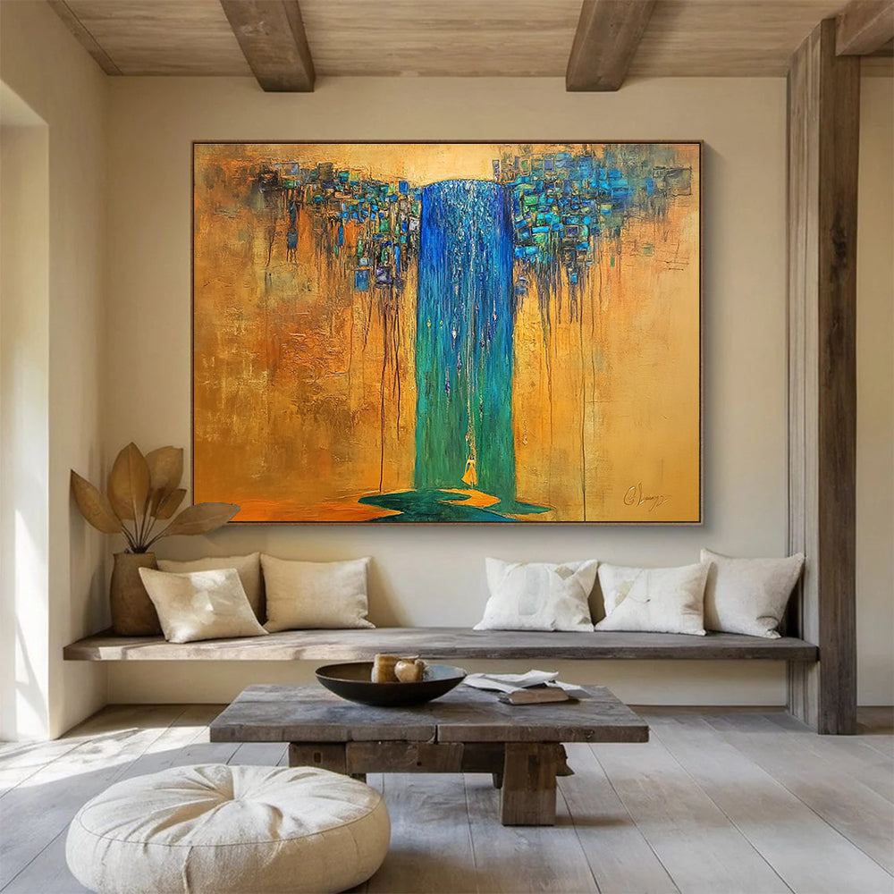 A large abstract painting featuring an ancient waterfall in blue and green hues with a crystal-haired figure under gold sunlight.SC334
