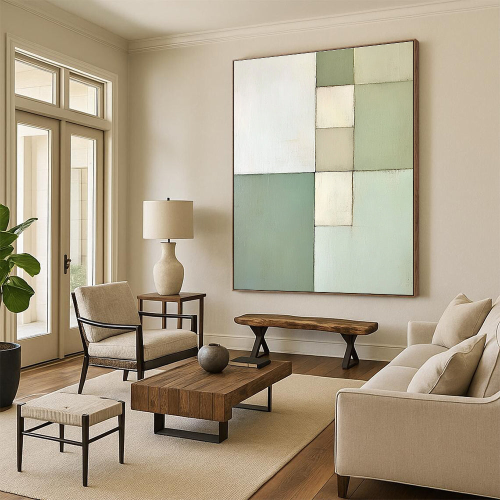 Green and White Abstract Painting with Geometric Harmony GER172