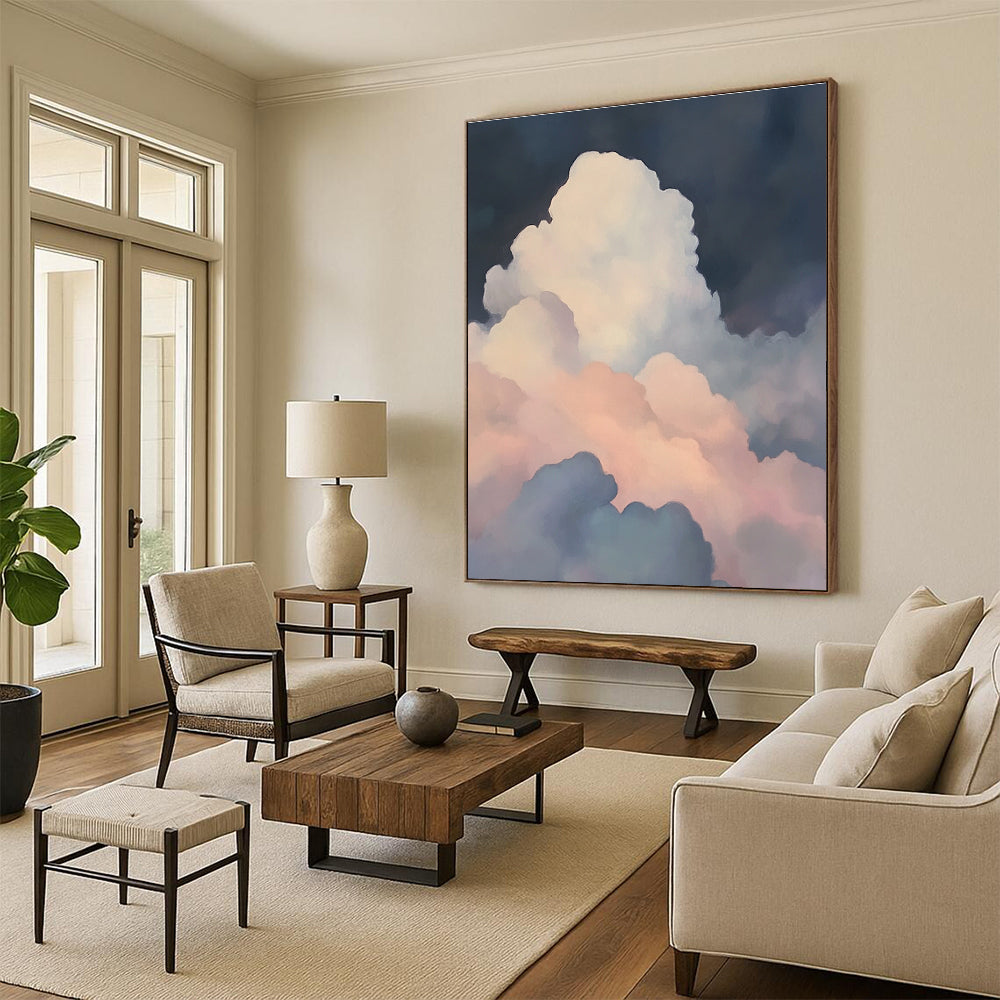 A large abstract painting featuring soft atmospheric scenes with a misty atmosphere and ethereal light shining through colorful clouds.STSC1036
