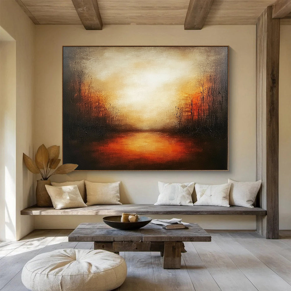 Abstract landscape painting featuring warm oranges and reds with soft brush strokes, textured canvas, and a serene evening atmosphere.SC086