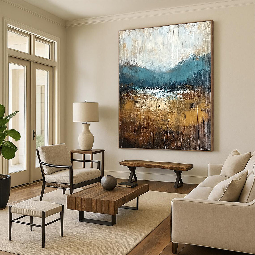 Large abstract painting with textured layers in earthy tones capturing nature's beauty and soft atmospheric lighting on canvas.STSC093