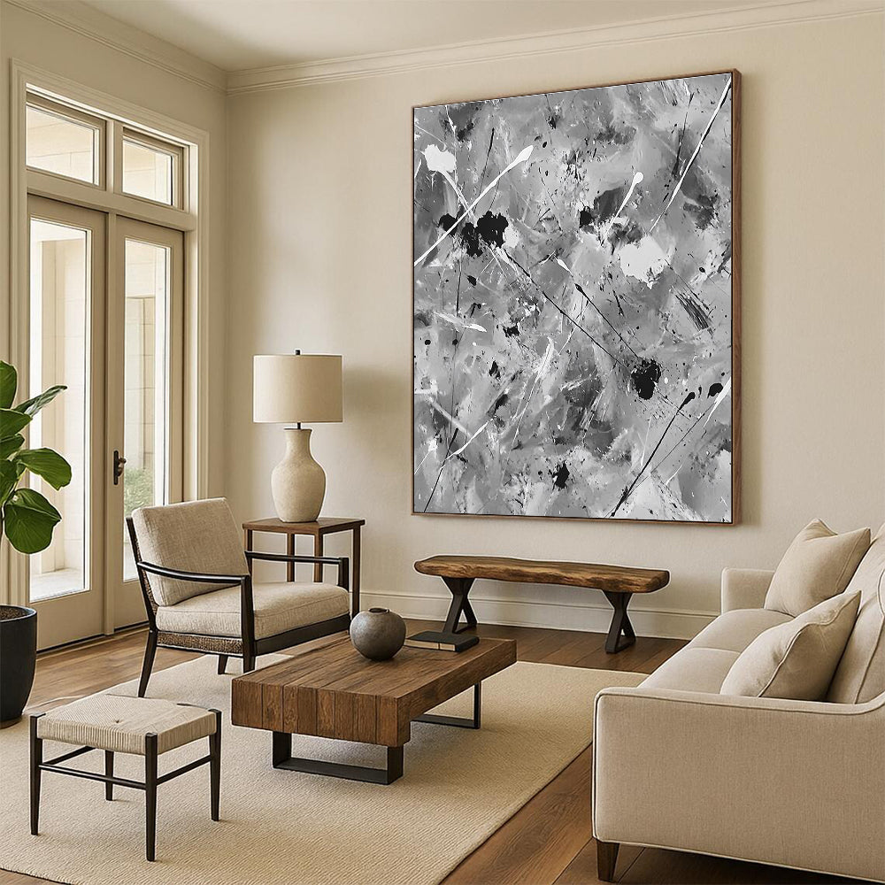 Black and White Splash Abstract Painting with Dynamic Splatters GER106