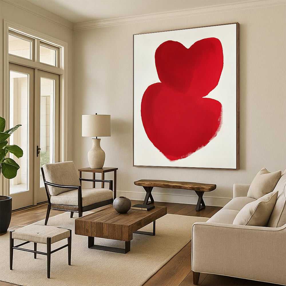 A large abstract painting featuring overlapping red hearts on a white background inspired by minimalist art in the style of Mark Rothko.STSC1192