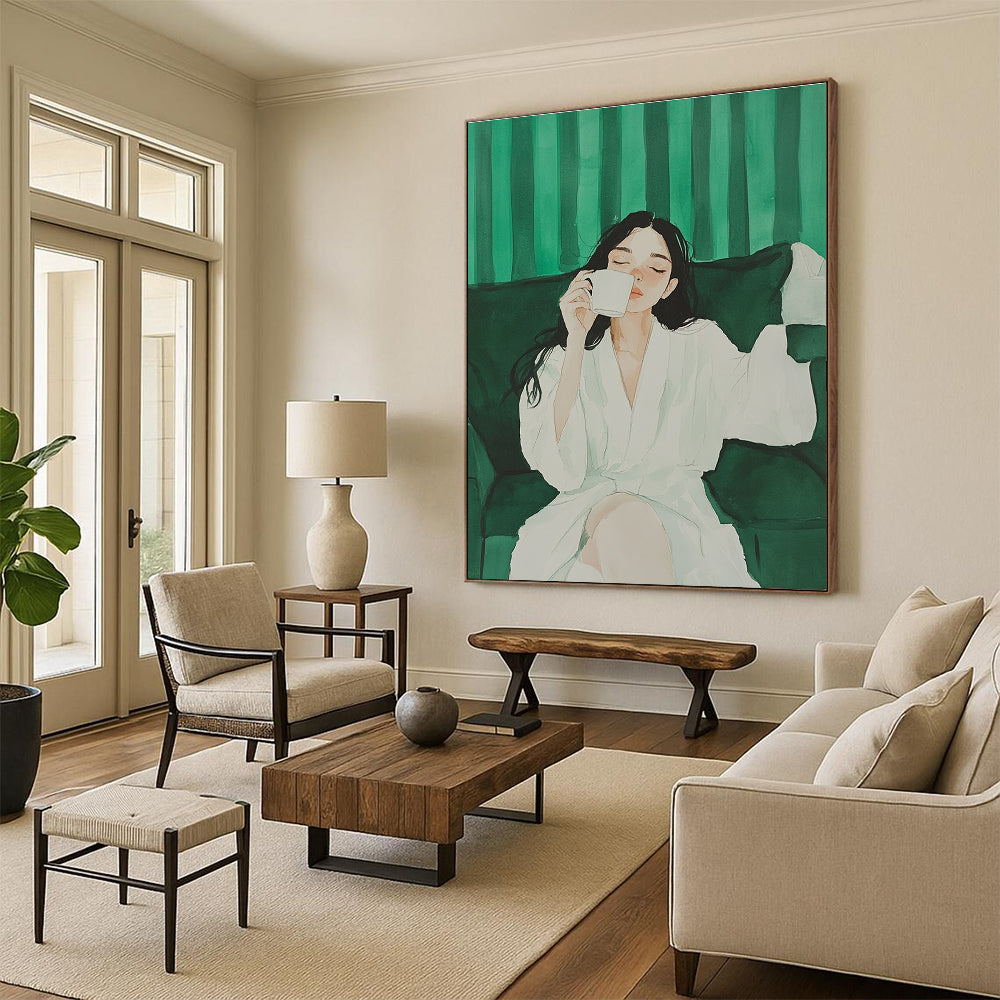 A large abstract painting featuring a girl in a white robe enjoying coffee on a sofa against a green striped background with minimalist design.STSC1002