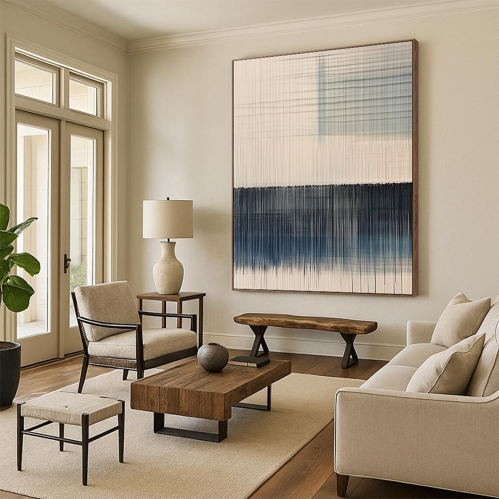 White and Blue Line Abstract Painting with Vertical Strokes GER073