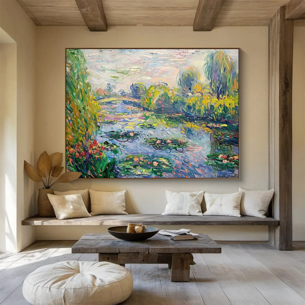 Water Lily Garden Abstract Painting with Green, Blue, and Pink Tones THY197