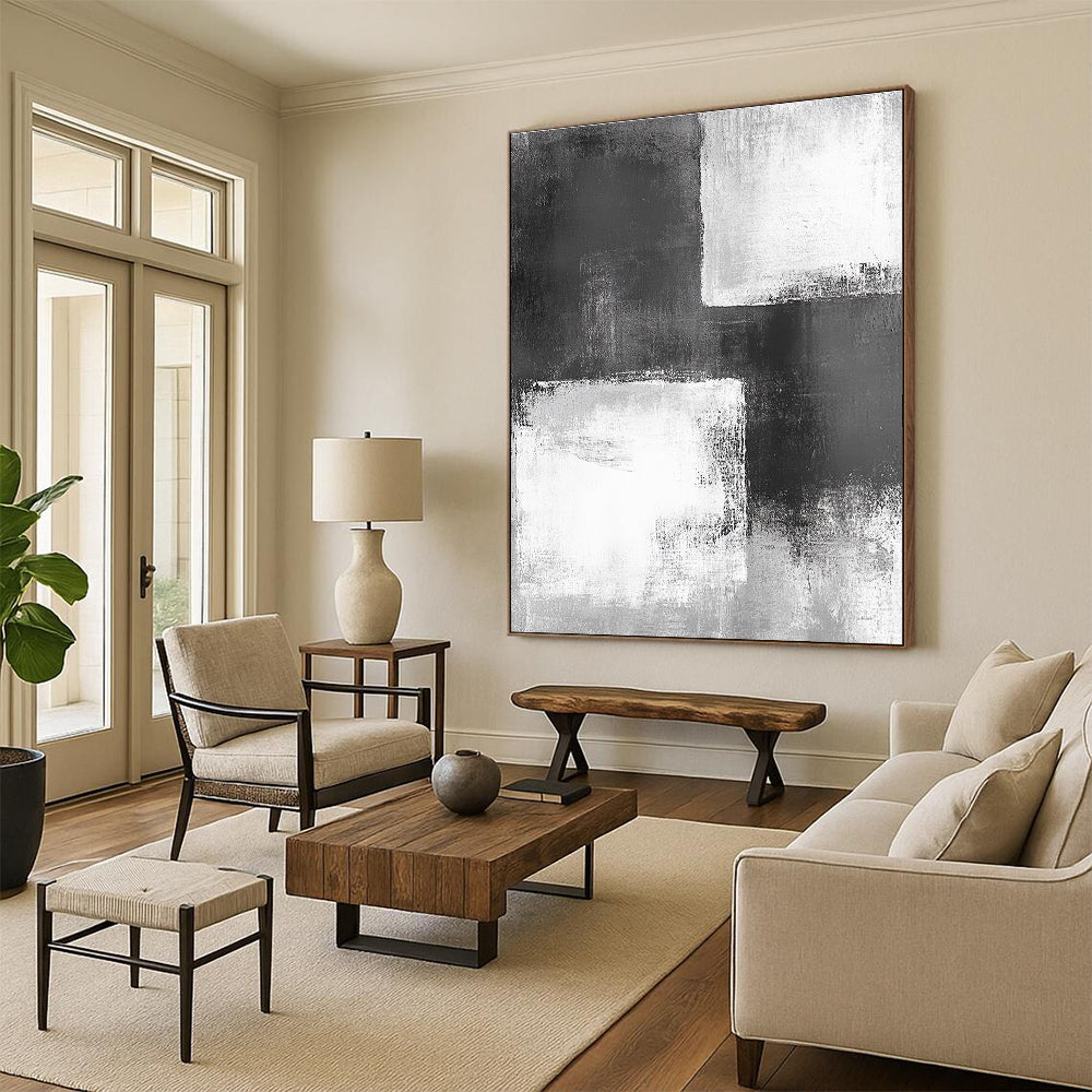 Black White and Gray Abstract Painting with Geometric Forms GER421