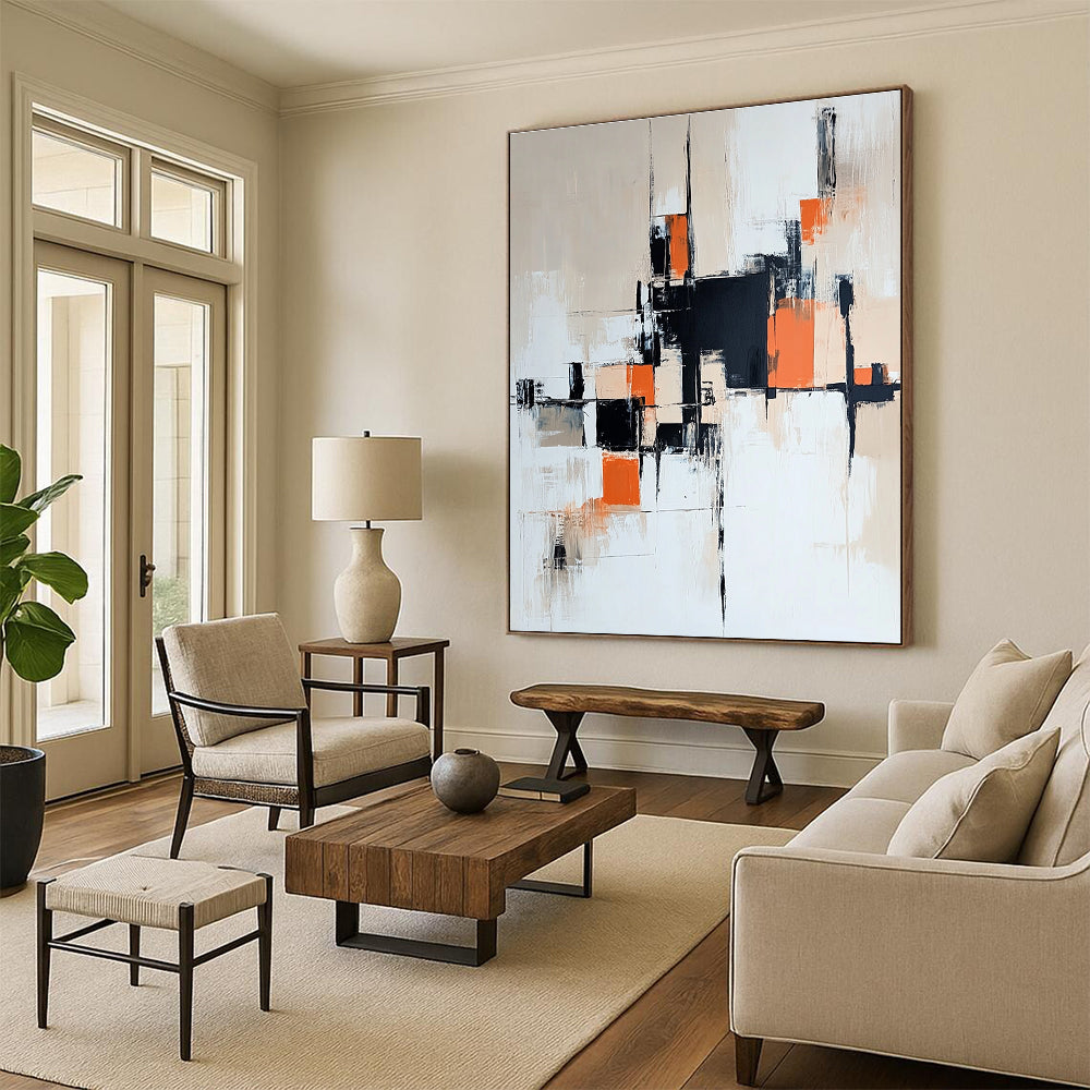 Orange and Black Abstract Painting with Geometric Forms GER457