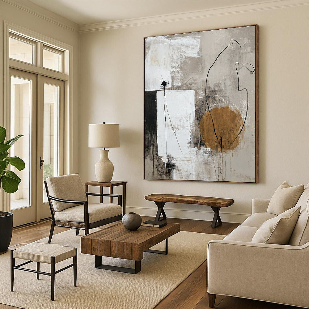 Large abstract painting in neutral tones featuring white shapes and a single accent color for a minimalistic touch.STSC777