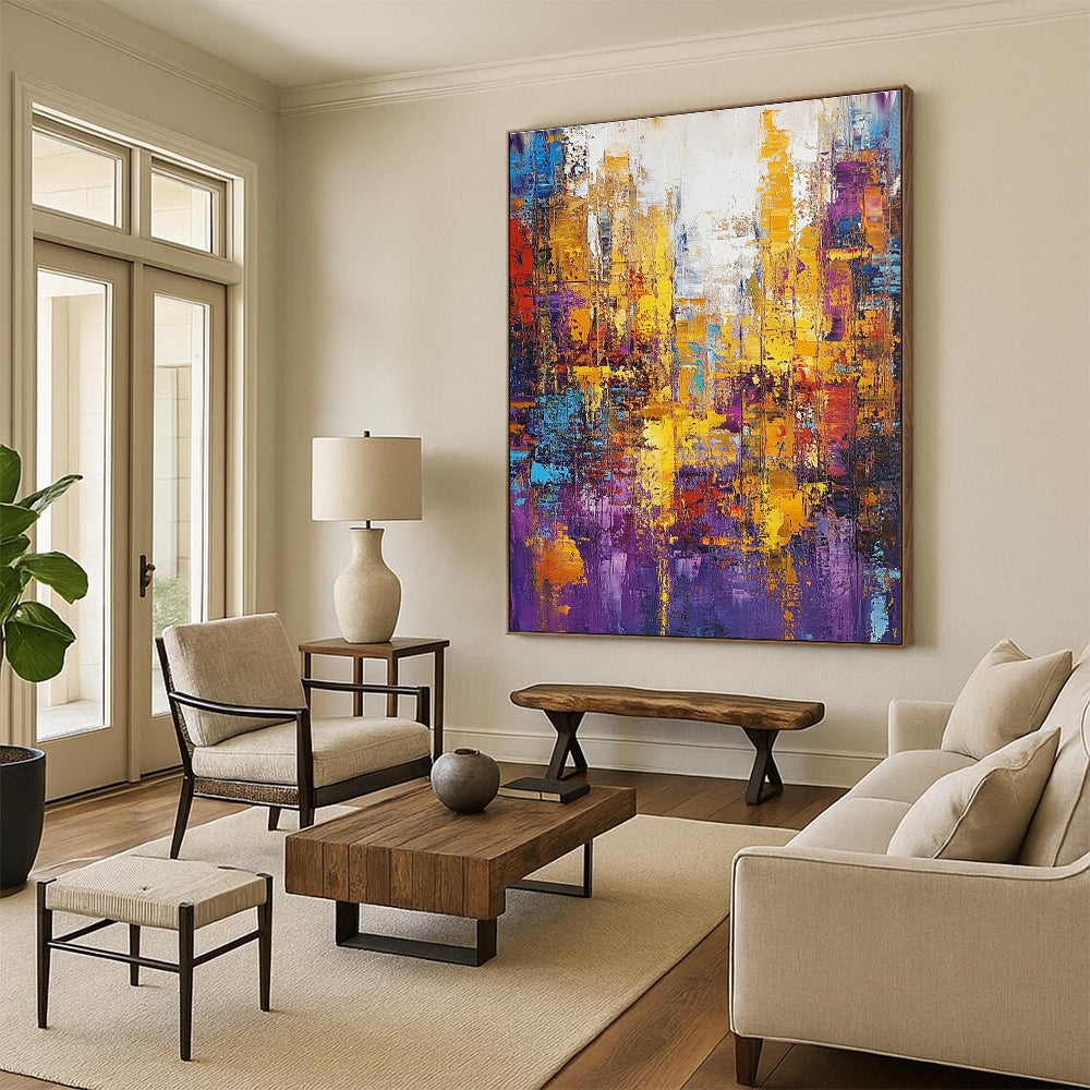 Large abstract oil painting featuring a cityscape in gold and purple tones with colorful patterns and textured brush strokes.STSC160