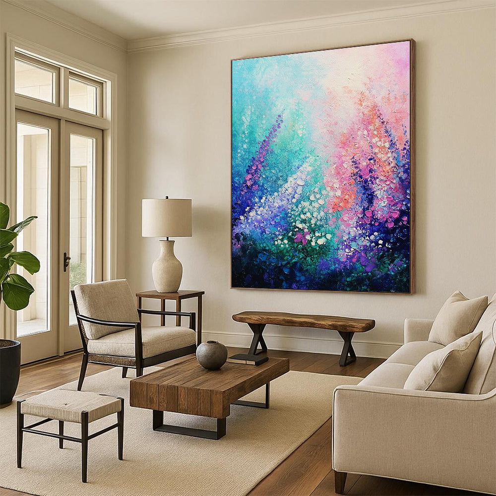 A large abstract painting of an underwater garden featuring glowing coral and vibrant flowers against a soft pastel sky in impressionist style.STSC847