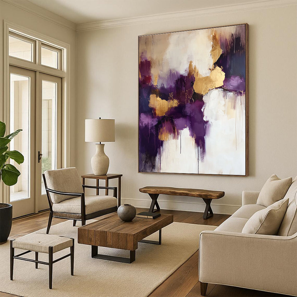 Purple and Gold Abstract Painting with Dripping Effects GER618