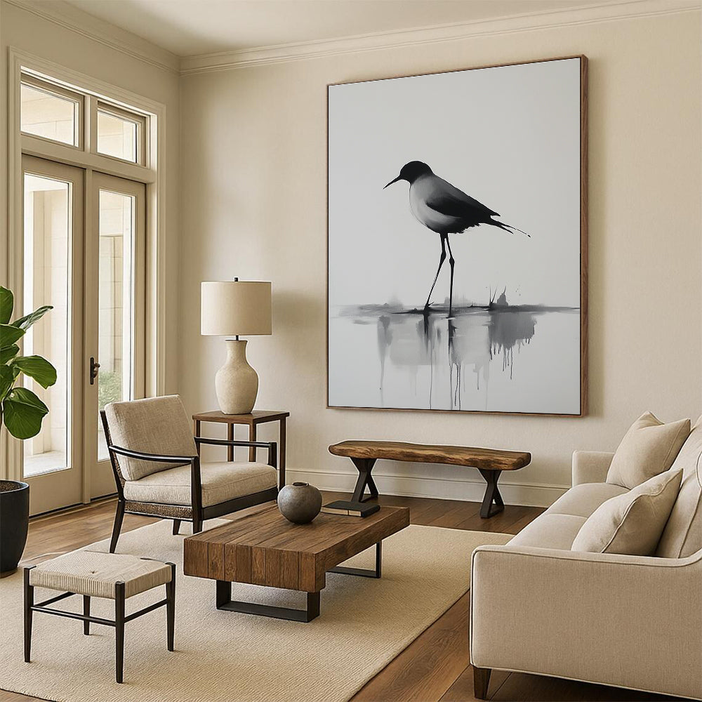 Abstract painting of a long-legged bird walking on water with minimalistic lines and reflections captured in morning light in a close-up view.STSC911