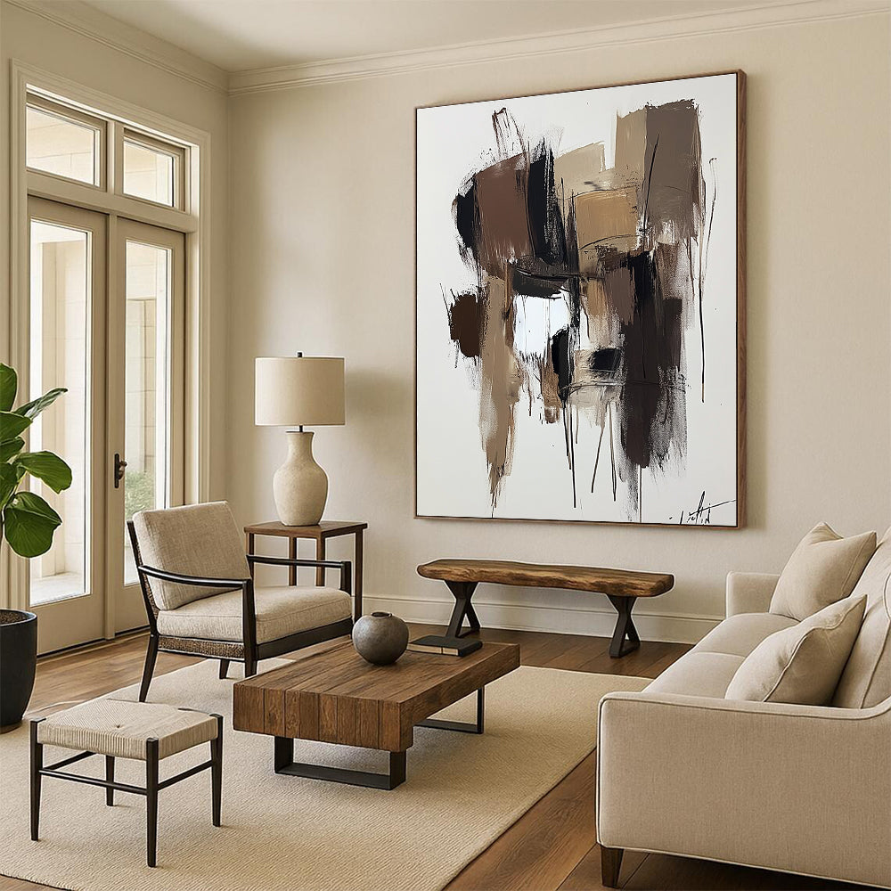 Large abstract painting in brown and beige with thick brush strokes on a dark gray background showcasing modern art style and neutral tones.STSC746