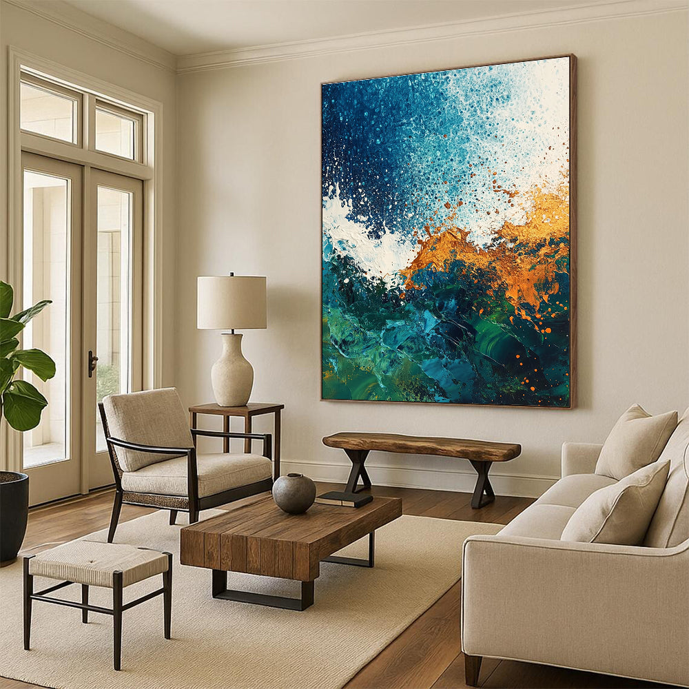 Large abstract painting of ocean waves featuring a textured mix of blues greens and rust colors against a dark blue white green and brown background.STSC324
