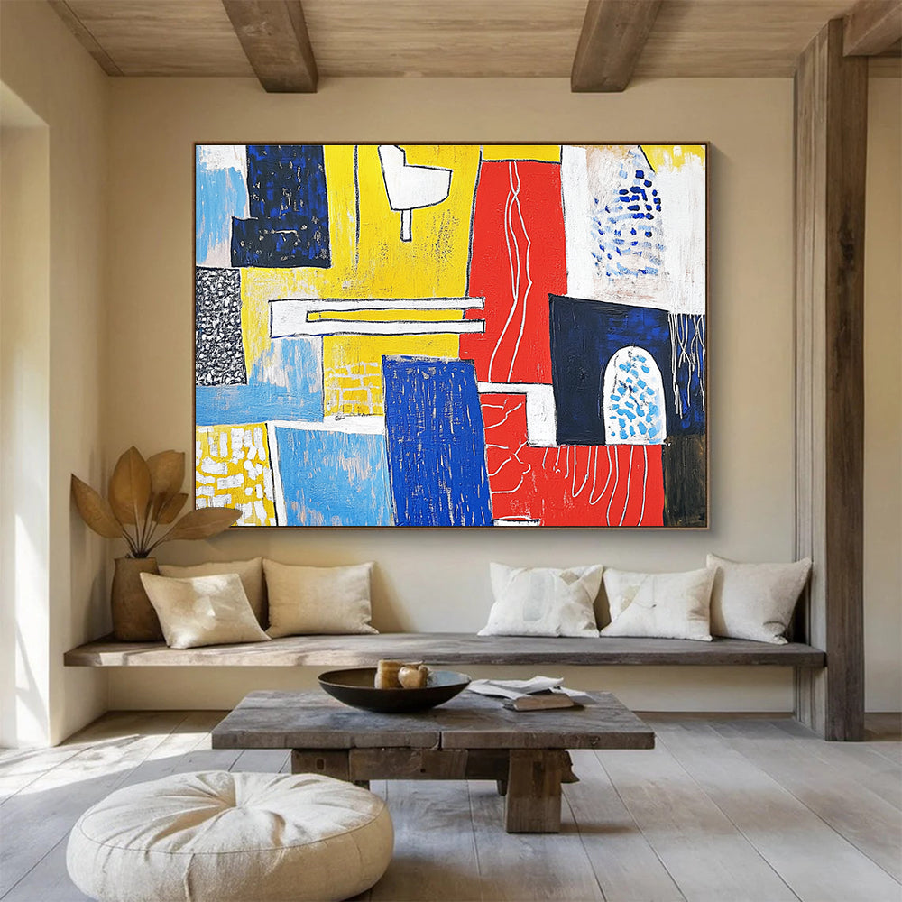 A large abstract painting featuring bold reds and yellows with white lines on blue shapes, capturing urban life and modernist aesthetics.SC516