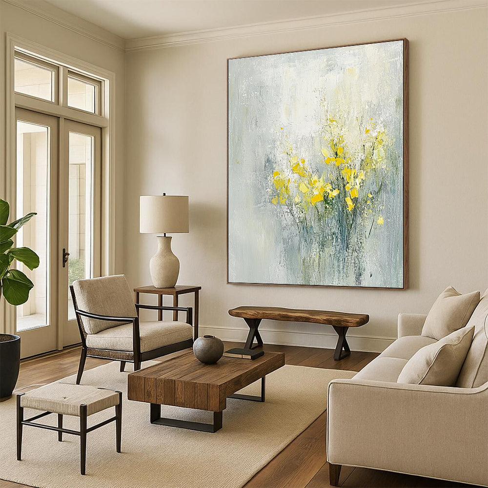 Abstract oil painting of flowers in light gray and yellow hues capturing a serene spring theme inspired by Zao Wou-Ki.STSC185