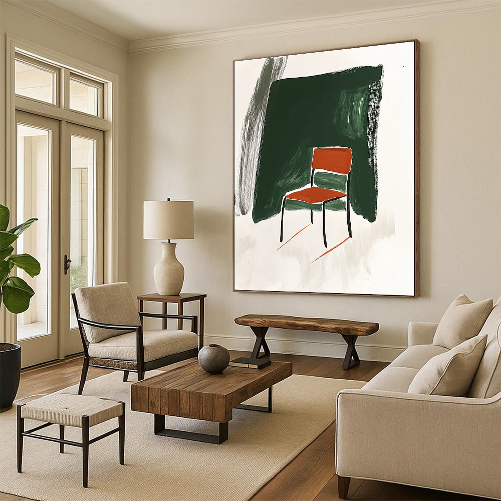 Abstract artwork featuring Minimalist Japandi style with a chair influenced by David Hockney in green and white background adorned with orange brush strokes.STSC1336