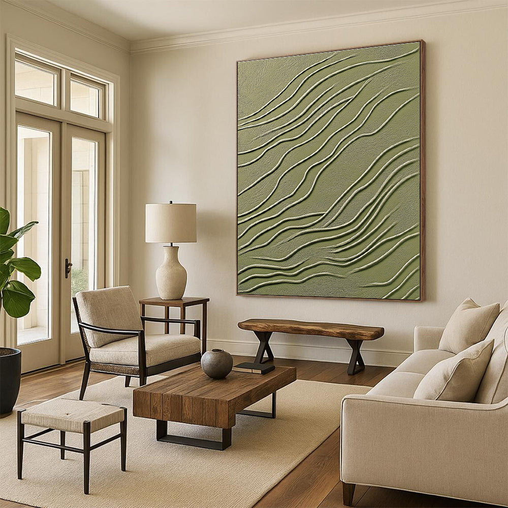 Abstract artwork featuring modern organic lines in olive green with white accents and textured details for an elegant decorative touch.STSC1359