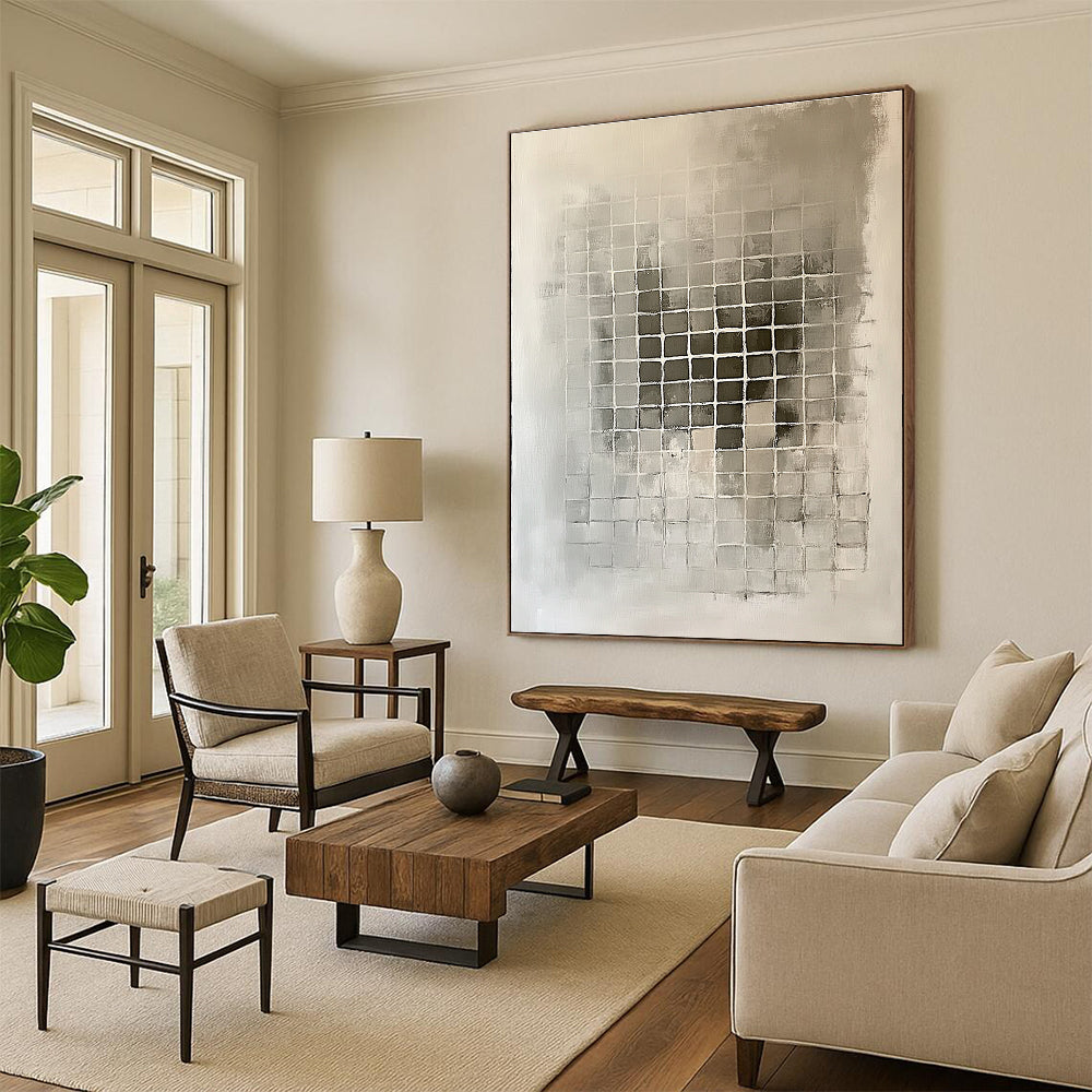 Gray - Toned Grid Abstract Painting with Subtle Variations GER227