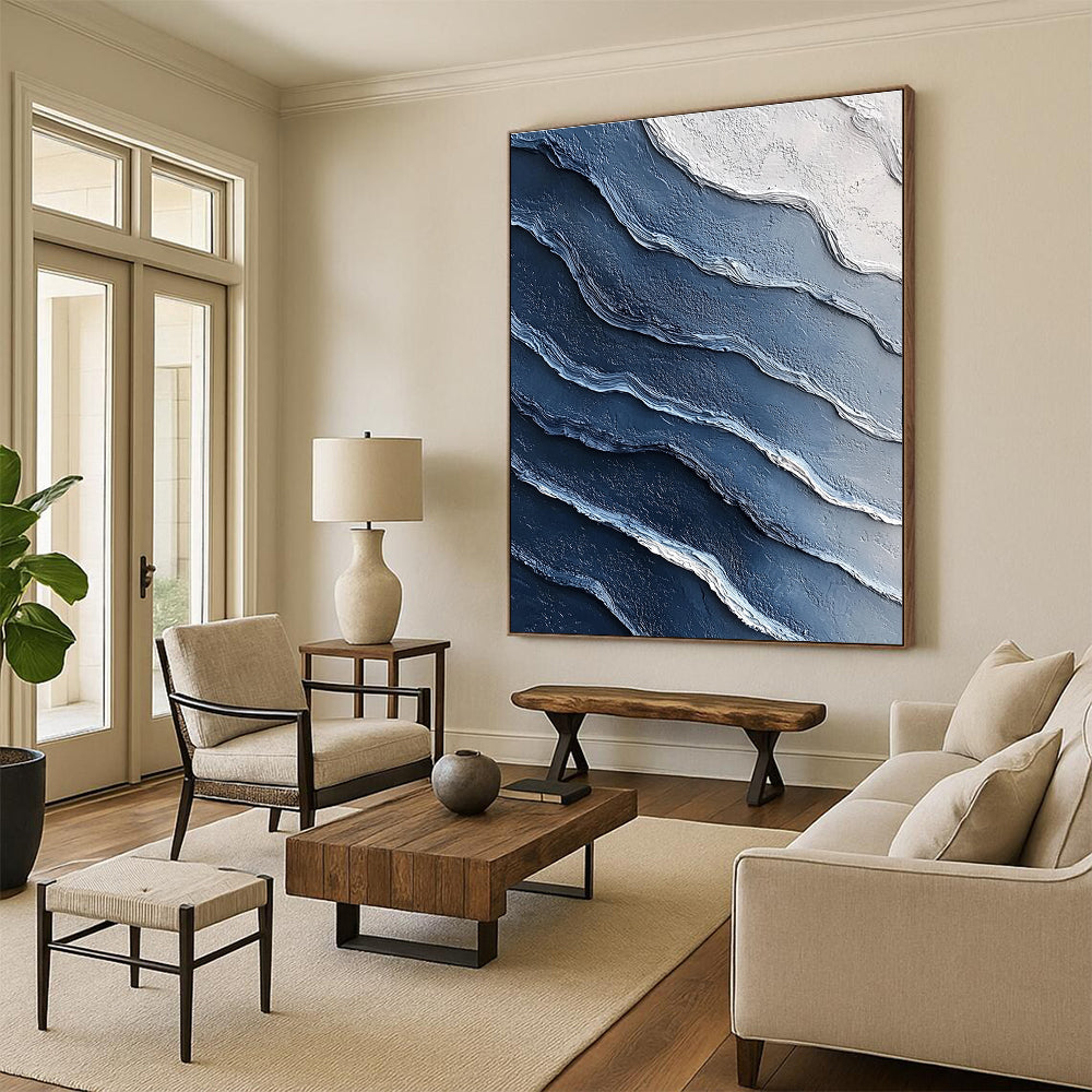 Blue and White Wave Abstract Painting with Textured Ridges GER072