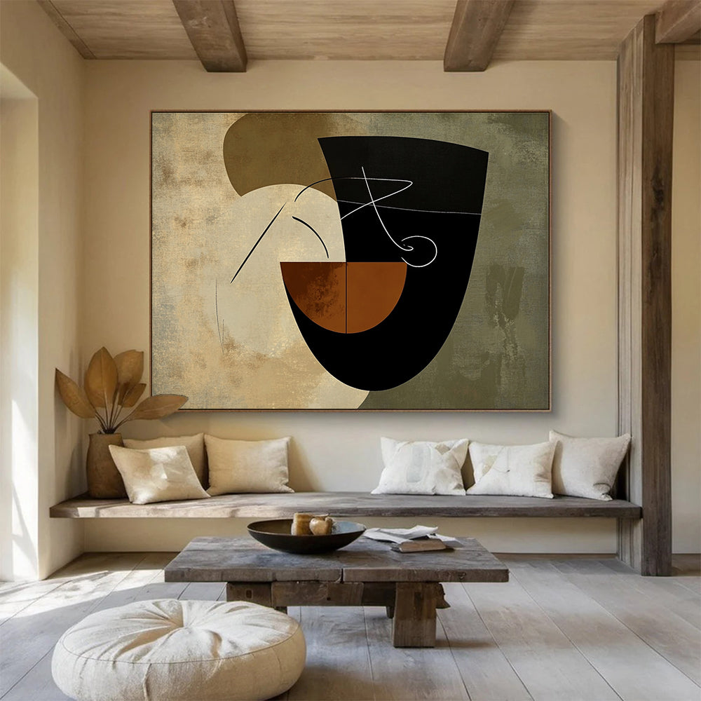 An abstract artwork featuring organic shapes in earthy tones with a stylized hand illustrating an 'S' on a textured bowl background.SC484