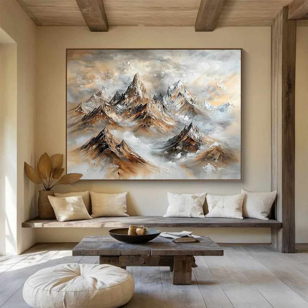 A large abstract painting featuring majestic mountains in brown and gray with swirling clouds and snow-capped peaks, creating a stunning impressionistic effect.SC486